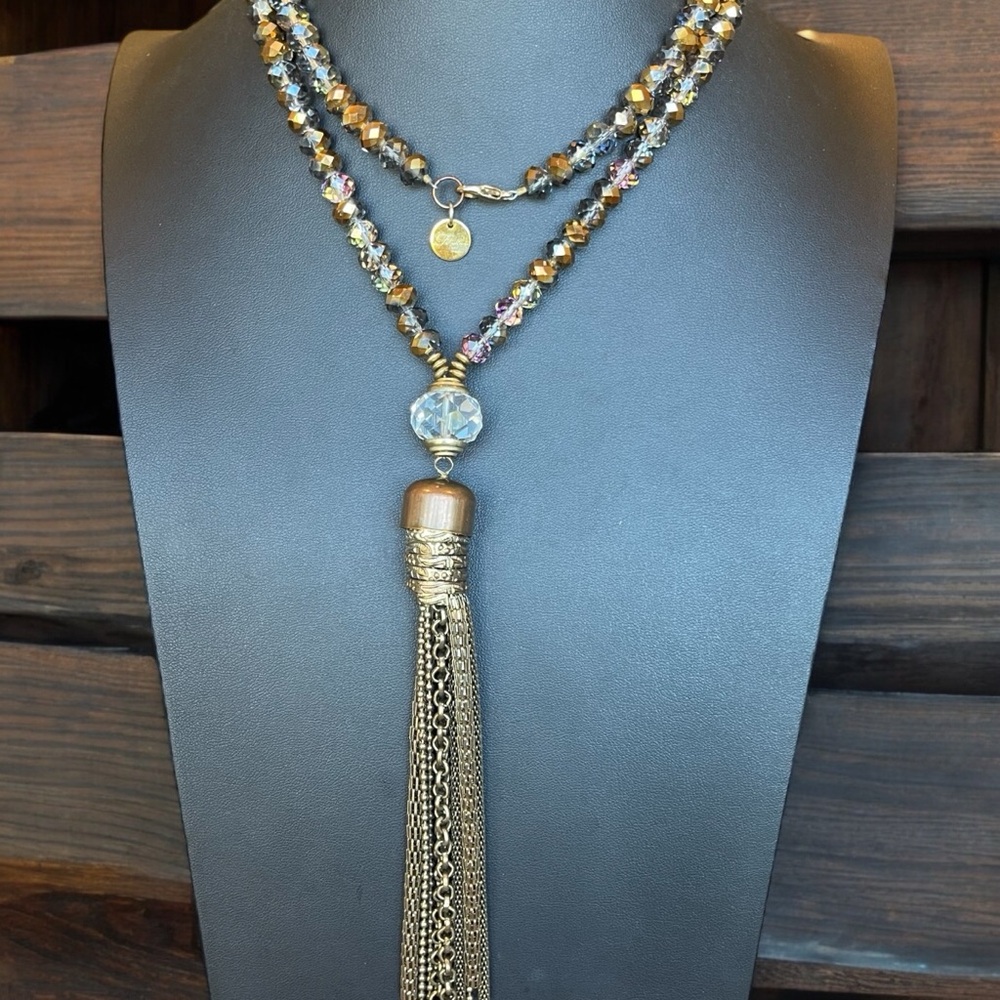 Fabulina Designs Multicolor AB Beads Antiqued Bronze Tassel Drop Necklace
